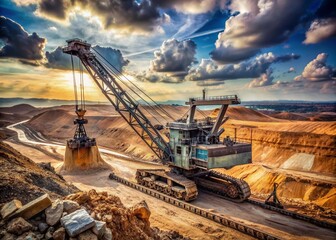 Massive excavator digs into earth with precision and power in a vast open pit mine, its mechanical arms dwarfed by the enormous industrial landscape.
