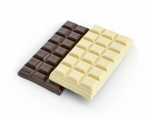 chocolate, dessert, cocoa, sweet, confectionery A close up of two chocolate bars, one dark and one white, placed side by side on a clean, white background, showcasing their rich textures and colors