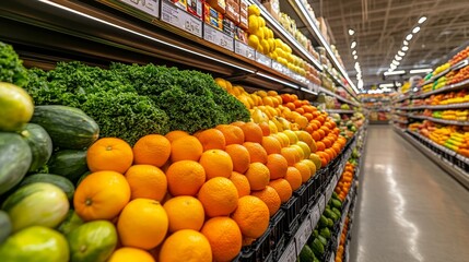 A well-organized grocery store aisle displays a colorful array of fresh fruits and vegetables, brightly illuminated to highlight their freshness and quality