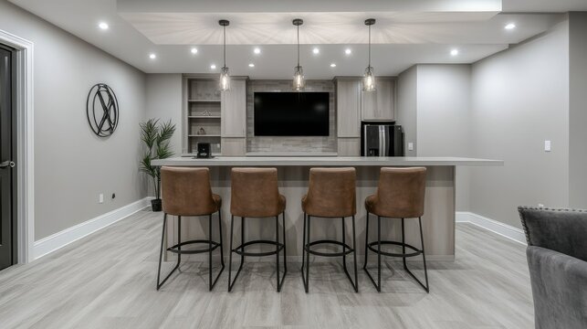 The stylish basement features light grey vinyl flooring, a cozy home theater setup, and a bar with modern stools, perfect for relaxation and entertainment