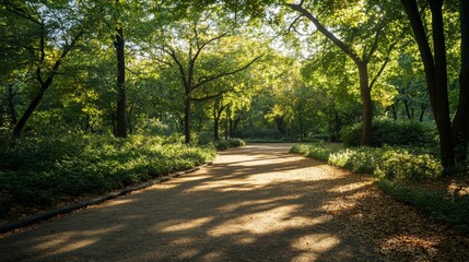 Fototapeta premium A winding pathway bathed in sunlight invites visitors to explore the serene beauty of an urban park, surrounded by lush green trees and vibrant foliage