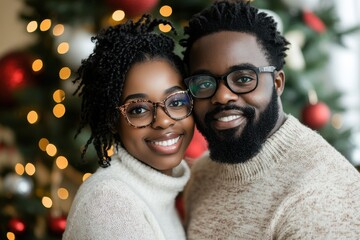Happy black couple celebrating Christmas together in cozy sweaters by the festive tree