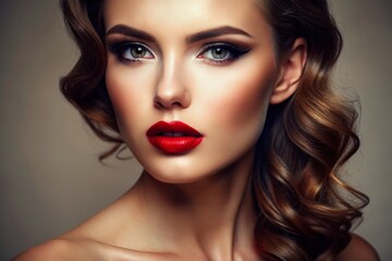 Fototapeta premium Vibrant red lips, perfectly contoured and accentuated with precision makeup, fill the frame, evoking sultry sensuality and allure, against a neutral, elegant background.