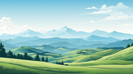 Fototapeta premium Field landscape. Minimalist landscape with green hills and blue sky.