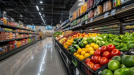 The store features a well-organized aisle filled with vibrant fruits and vegetables alongside neatly arranged packaged items, inviting customers to explore