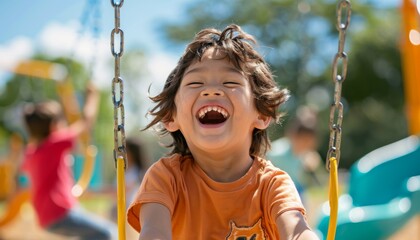 Happy Child Swinging and Laughing on Playground