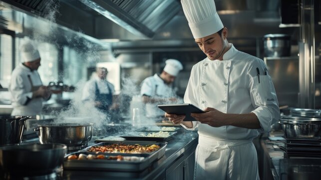 A chef stands in a bustling kitchen, using a tablet to manage food orders as staff work on various dishes, creating a lively and active atmosphere