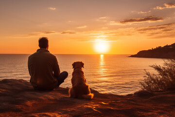 Man and dog sitting together on the beach at sunset. Silhouette of man with his dog