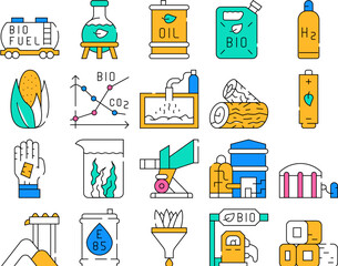 Biofuel Green Energy Collection Icons Set Vector. Biofuel Railway Carriage And Canister, Oil Barrel And Laboratory Flask, Bio Fuel Factory color Contour Illustrations
