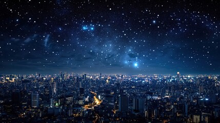 Obraz premium Design an image showing the contrast between city lights and the starry sky above, blending urban and celestial beauty.