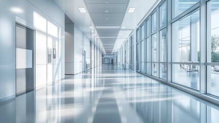 Obraz premium A spacious hospital hallway displays a sleek and minimalist interior design, featuring large windows allowing natural light to flood the space and enhance the atmosphere