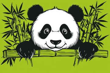 Cute panda bear peeking out from bamboo plants