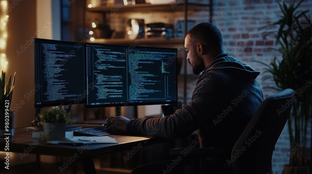 Poster a software developer sits intently at a modern desk, coding on dual monitors in a dimly lit workspac