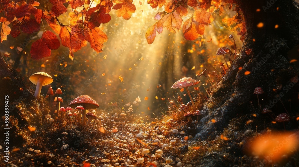 Poster A serene forest path is illuminated by shafts of warm sunlight filtering through autumn leaves, revealing vibrant mushrooms nestled among fallen foliage. The atmosphere feels magical and inviting.