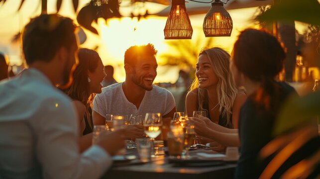 A group of colleagues smiles and laughs while clinking glasses at an outdoor terrace bar. The sunset creates a beautiful backdrop for their joyous celebration