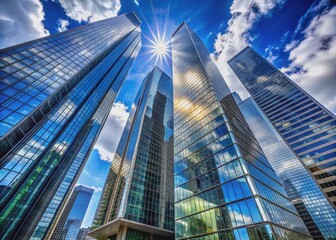 Fototapeta premium Sleek glass skyscrapers soar high into a brilliant blue sky, showcasing modern architectural marvels with sharp lines, sleek reflections, and contemporary urban grandeur.
