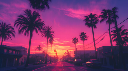 Vintage street bathed in purple and neon hues, lined with palm trees, retro vibe. 
