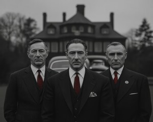 Three serious men in dark suits with red ties stand in front of a vintage mansion and classic car, creating a formal and ominous atmosphere.