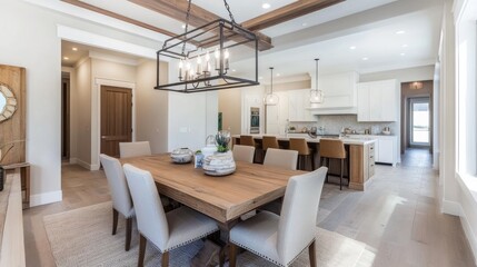 Fototapeta premium A modern dining room with a wooden table, elegant chairs, and a chandelier hanging above.