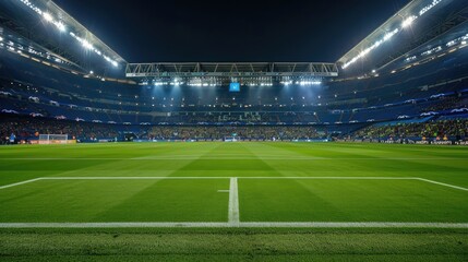 Obraz premium Illuminated football stadium, night game, bright lights, green field, empty seats, lively atmosphere, sports arena, competition, soccer field, stadium lights, night match concept