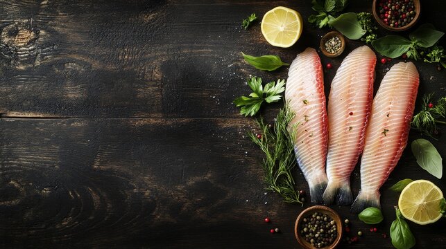 Raw skinless tilapia fillets are neatly laid out on a dark wooden surface, accompanied by fresh herbs and lemon slices, ready for cooking or presentation