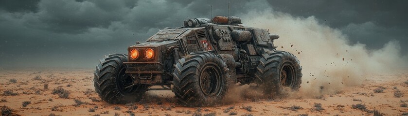 A rugged, armored off-road vehicle kicks up dust as it drives through a barren desert under a stormy sky, evoking a post-apocalyptic vibe.