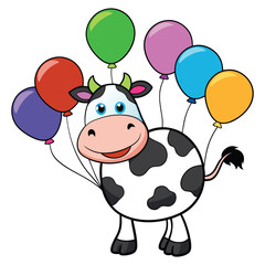 Naklejka premium Cute Cow Holding Balloons Cartoon Vector Icon Illustration.