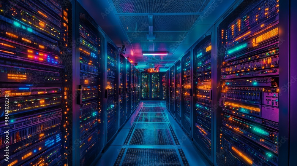 Poster a vast data center filled with rows of server racks, each adorned with vibrant blinking lights. the 