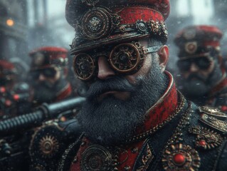 Obraz premium Close-up of a steampunk soldier in elaborate military attire, wearing intricate goggles and surrounded by comrades in a foggy atmosphere.