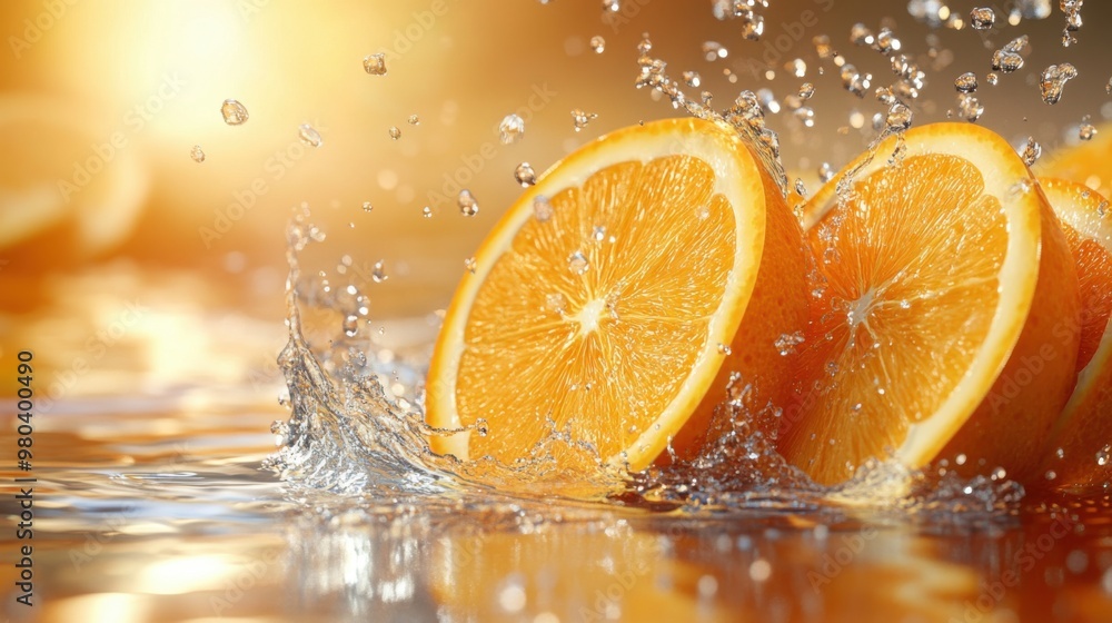 Poster zesty orange slices in refreshing splash, citrus 3d rendering for vibrant freshness concept