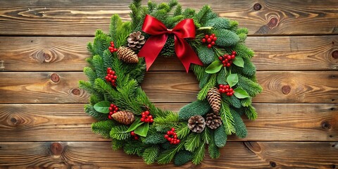 Fresh sprigs of eucalyptus, berries, and pinecones merge on a distressed wooden panel, finished with a bright and