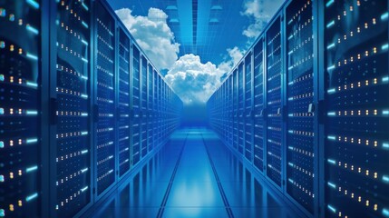 data center, technology, digital infrastructure, server room, cloud computing, networking, IT background with blue light and clouds in the distance creating a futuristic atmosphere