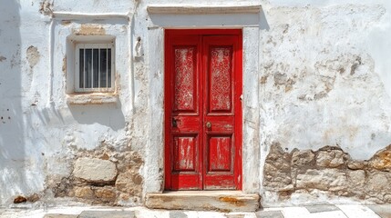 Fototapeta premium A red door with an intricate design, contrasting with the whitewashed walls of a vintage building.