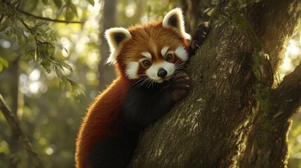 Fototapeta premium A red panda climbing a tree in a forest, highlighting its unique and charming appearance.