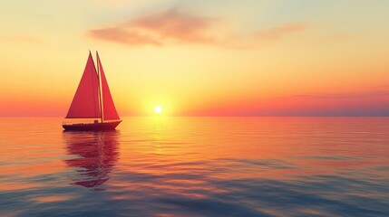 Fototapeta premium A red sailboat floating on a tranquil sea, with the horizon glowing orange during sunset.