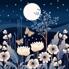 Night scene with many stars and a full moon, romantic rounded natural white flowers with butterflies flying.