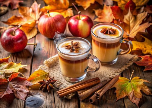 Cozy autumn arrangement featuring steaming cups of apple cider and fragrant lattes adorned with cinnamon sticks, surrounded by fallen leaves and seasonal decor.