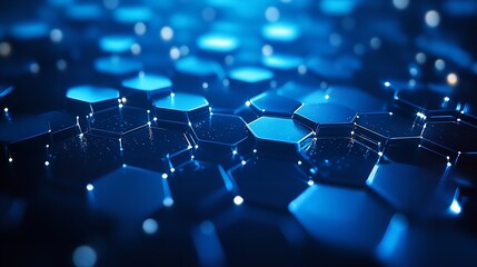 Obraz premium A close-up view of a futuristic hexagonal grid, illuminated with neon blue and orange lights, symbolizing digital connectivity.