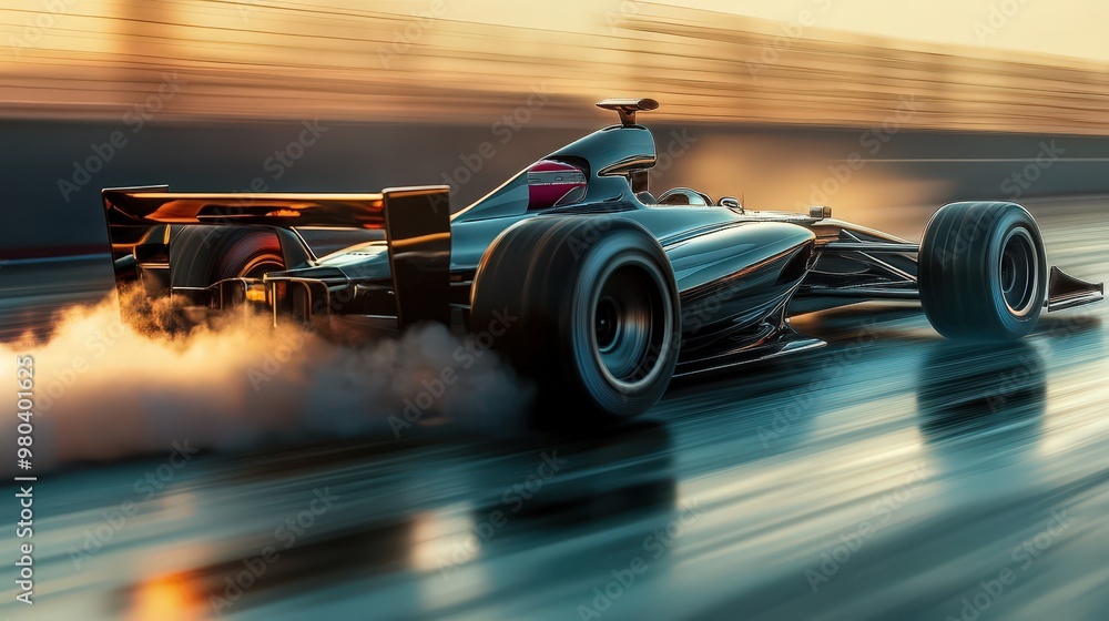 Poster create a detailed image of a sleek, modern racing car making a sharp turn on a racetrack.