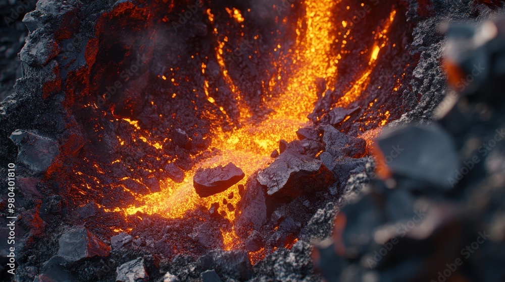 Poster create a detailed image of a volcanic eruption with lava cascading over the edges of the crater and 