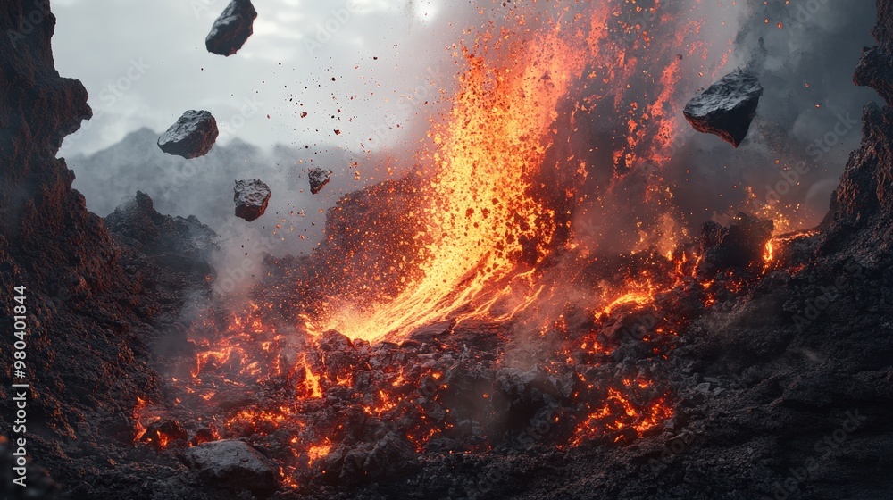 Aufkleber create a detailed image of a volcanic eruption with lava cascading over the edges of the crater and 
