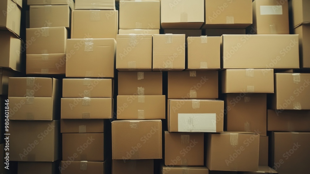 Poster a stack of cardboard boxes piled neatly in a warehouse, ready for shipping and logistics.