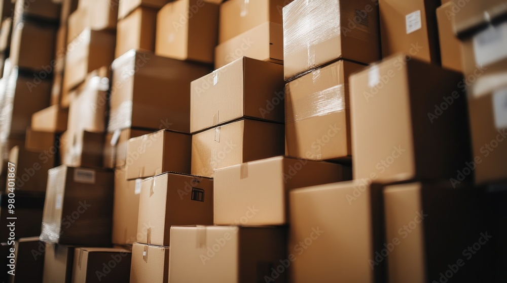 Poster a stack of cardboard boxes piled neatly in a warehouse, ready for shipping and logistics.