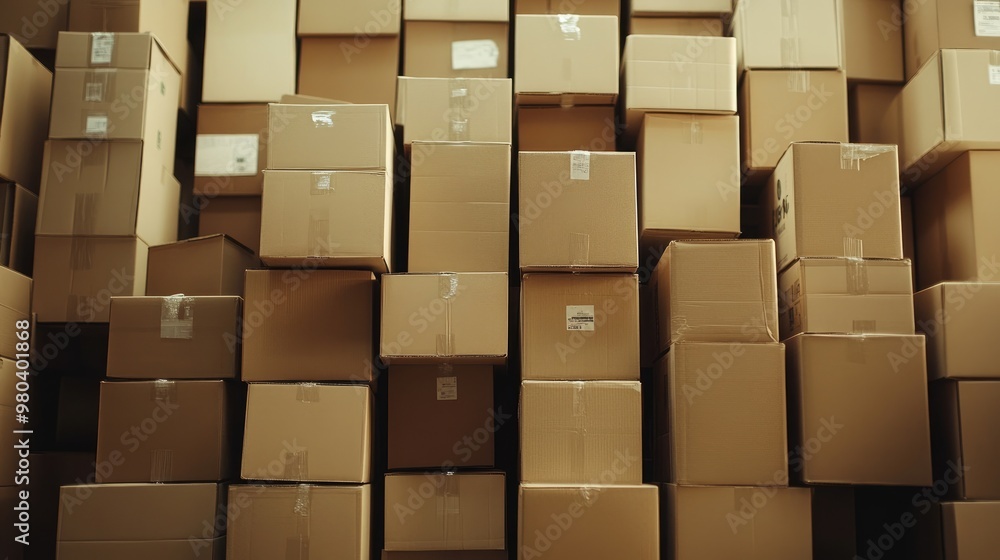 Poster a stack of cardboard boxes piled neatly in a warehouse, ready for shipping and logistics.
