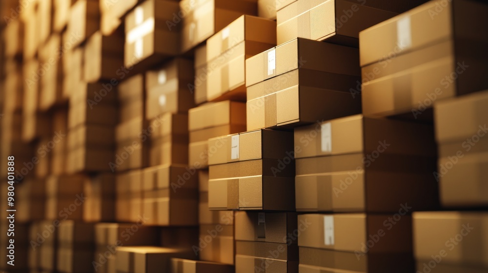 Poster a stack of cardboard boxes piled neatly in a warehouse, ready for shipping and logistics.