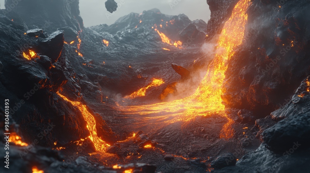 Poster create a detailed image of a volcanic eruption with lava cascading over the edges of the crater and 