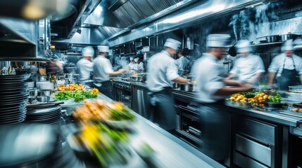 In a vibrant restaurant kitchen, chefs collaborate in a fast-paced environment, chopping, cooking, and plating diverse ingredients for diners during the busy evening hours