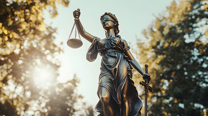 A statue of Lady Justice stands isolated, blindfolded, holding scales and a sword