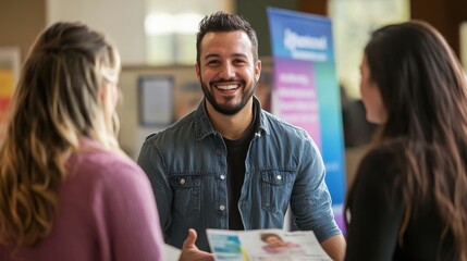 A smiling man interacts with two women at a health awareness booth, sharing information and fostering discussions about health and wellness in a community setting