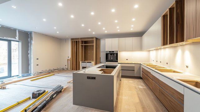A modern kitchen renovation is underway, showcasing newly installed cabinetry with an open layout filled with natural light and ongoing construction adjustments